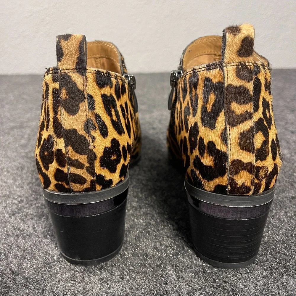 Franco Sarto Leopard Booties Womens Size 8 Calf Hair Ankle Zip Heel Pointed